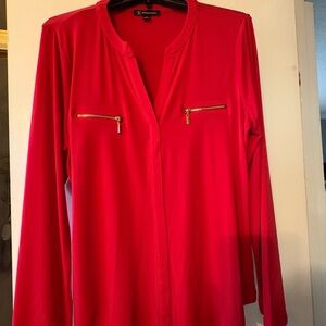 INC International Concepts Vibrant Red Blouse with Gold Zippers